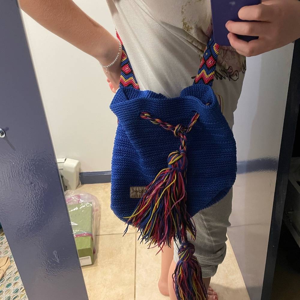 Otomi Blue Embroidered Beach Bucket Crossbody bag